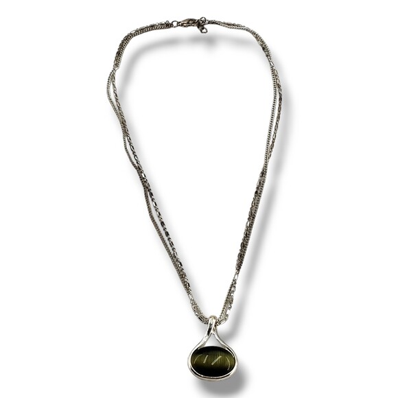 Green Cat Eye Center Silver Tone Pendant Double Strand Collar Choker Necklace - Picture 3 of 11